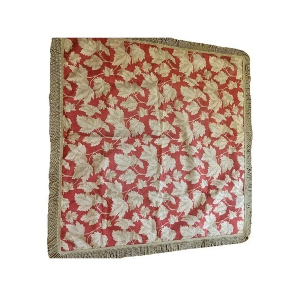 Custom Upholstered Square Table Cover Fringed Lined Leaf Pattern Maroon Tan